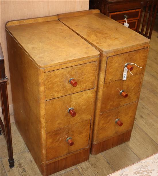 A pair of Art Deco style birds eye maple bedside chests (originally dressing table pedestals) W.31cm